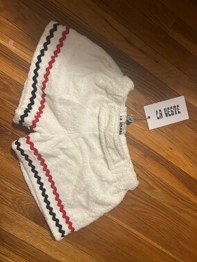 Women’s White Terry Shorts with Red & Navy Ric Rac Trim